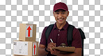 Delivery man, boxes and checklist for courier service, distribution and writing invoice on a blue background. Portrait of logistics worker with package, receipt and clipboard or paperwork in studio
