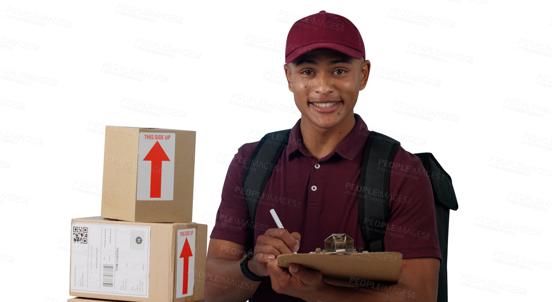 Buy stock photo Delivery man, portrait or checklist for courier service with boxes, distribution or invoice to dispatch product. Face, smile or logistics worker with package or isolated on transparent png background