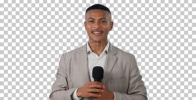 Buy stock photo Smile, reporter and portrait of man with microphone for announcement, news or tv show. Happy, presenter and male host talking with mic for journalism or press isolated by transparent png background.