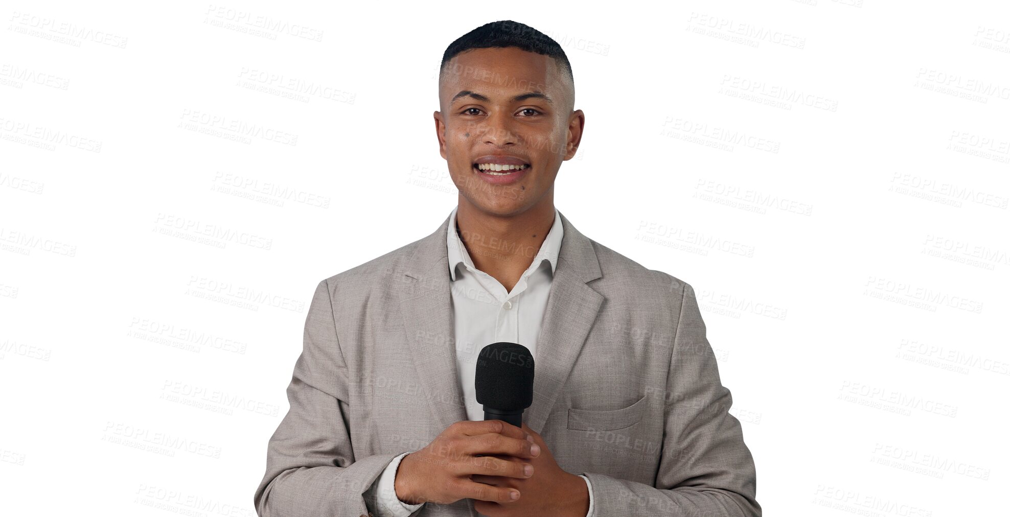 Buy stock photo Smile, reporter and portrait of man with microphone for announcement, news or tv show. Happy, presenter and male host talking with mic for journalism or press isolated by transparent png background.