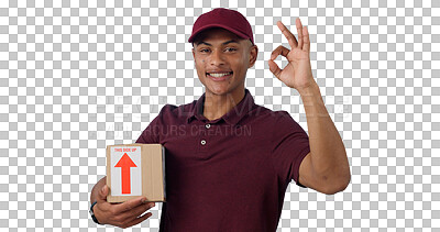 Buy stock photo Approval, courier and portrait of man with package for delivery, shipping or distribution. Smile, parcel and male person with cardboard box for ecommerce order isolated by transparent png background.