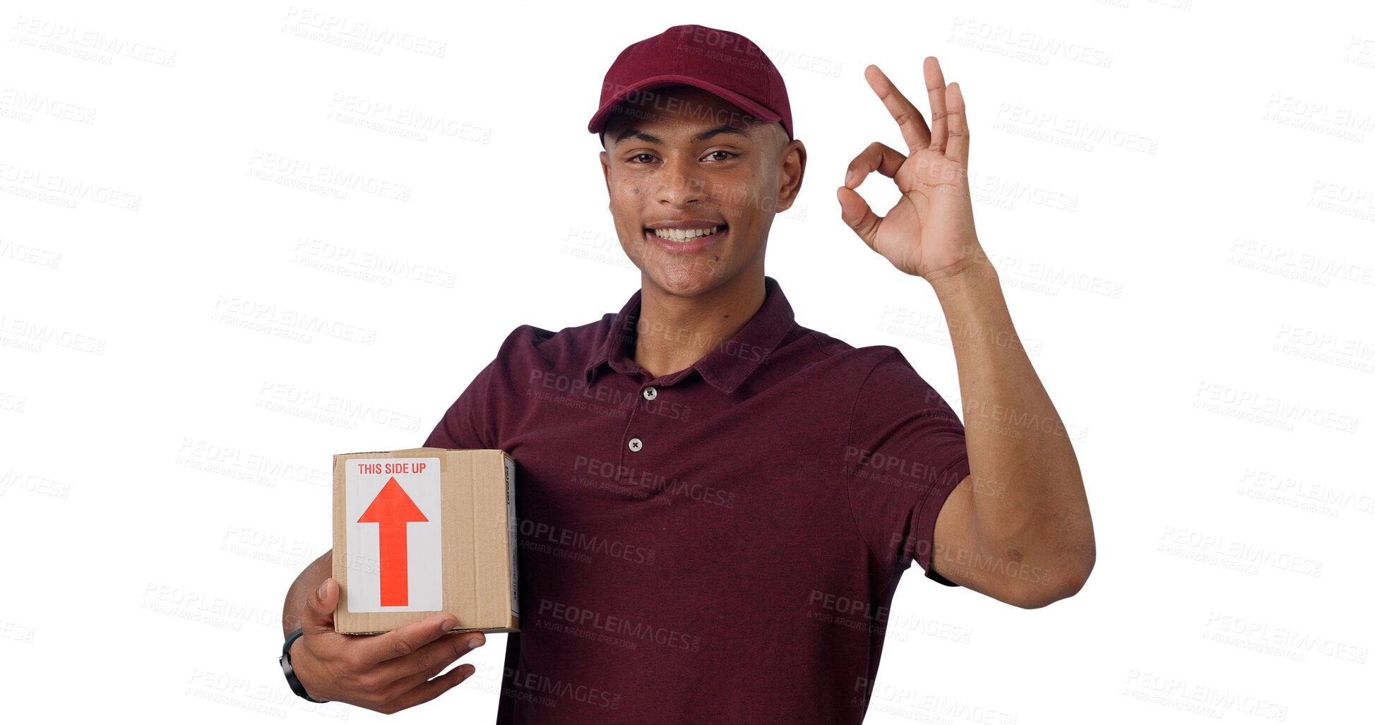 Buy stock photo Approval, courier and portrait of man with package for delivery, shipping or distribution. Smile, parcel and male person with cardboard box for ecommerce order isolated by transparent png background.