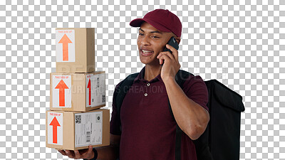 Buy stock photo Phone call, courier and portrait of man with packages for delivery, shipping or distribution. Ecommerce, parcel and person on mobile conversation with boxes isolated by transparent png background.