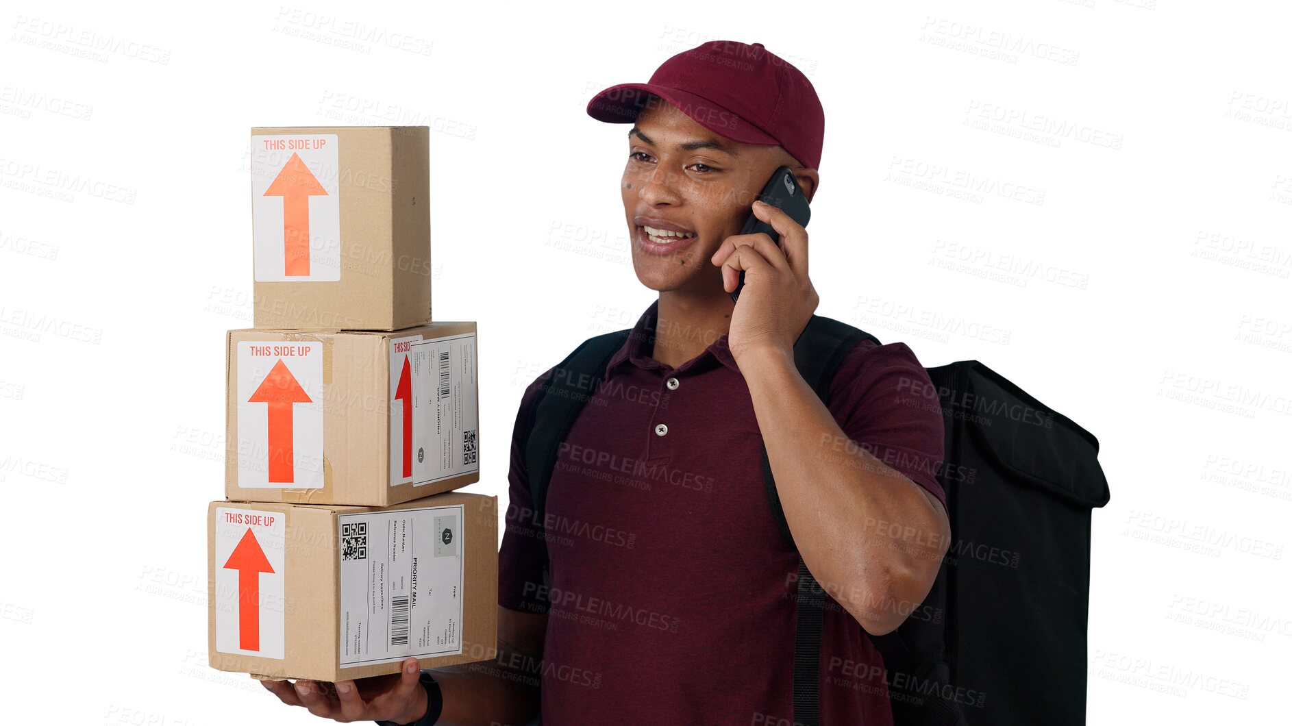 Buy stock photo Phone call, courier and portrait of man with packages for delivery, shipping or distribution. Ecommerce, parcel and person on mobile conversation with boxes isolated by transparent png background.