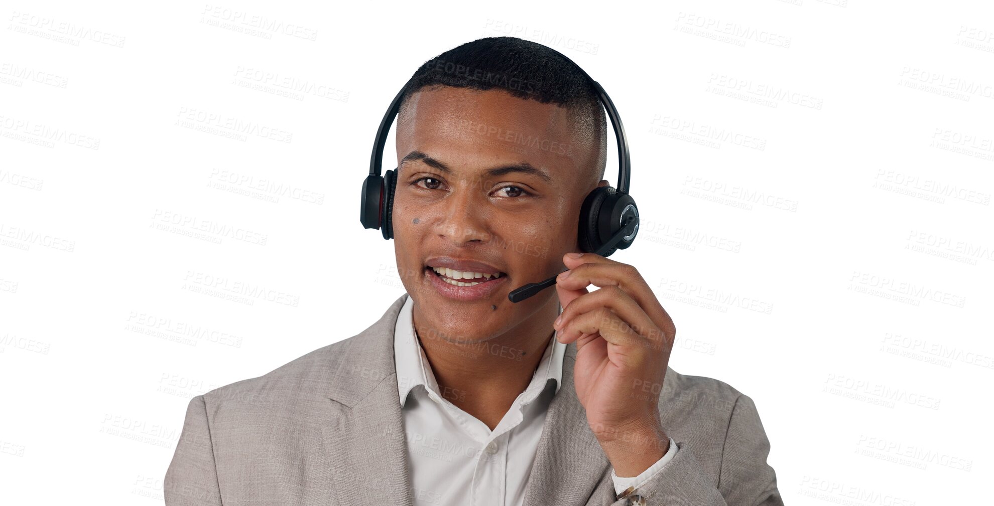 Buy stock photo Call center, portrait or man consulting for contact us, crm or faq on isolated, transparent or png background. Telemarketing, customer service or male consultant face for loan advice, help or support
