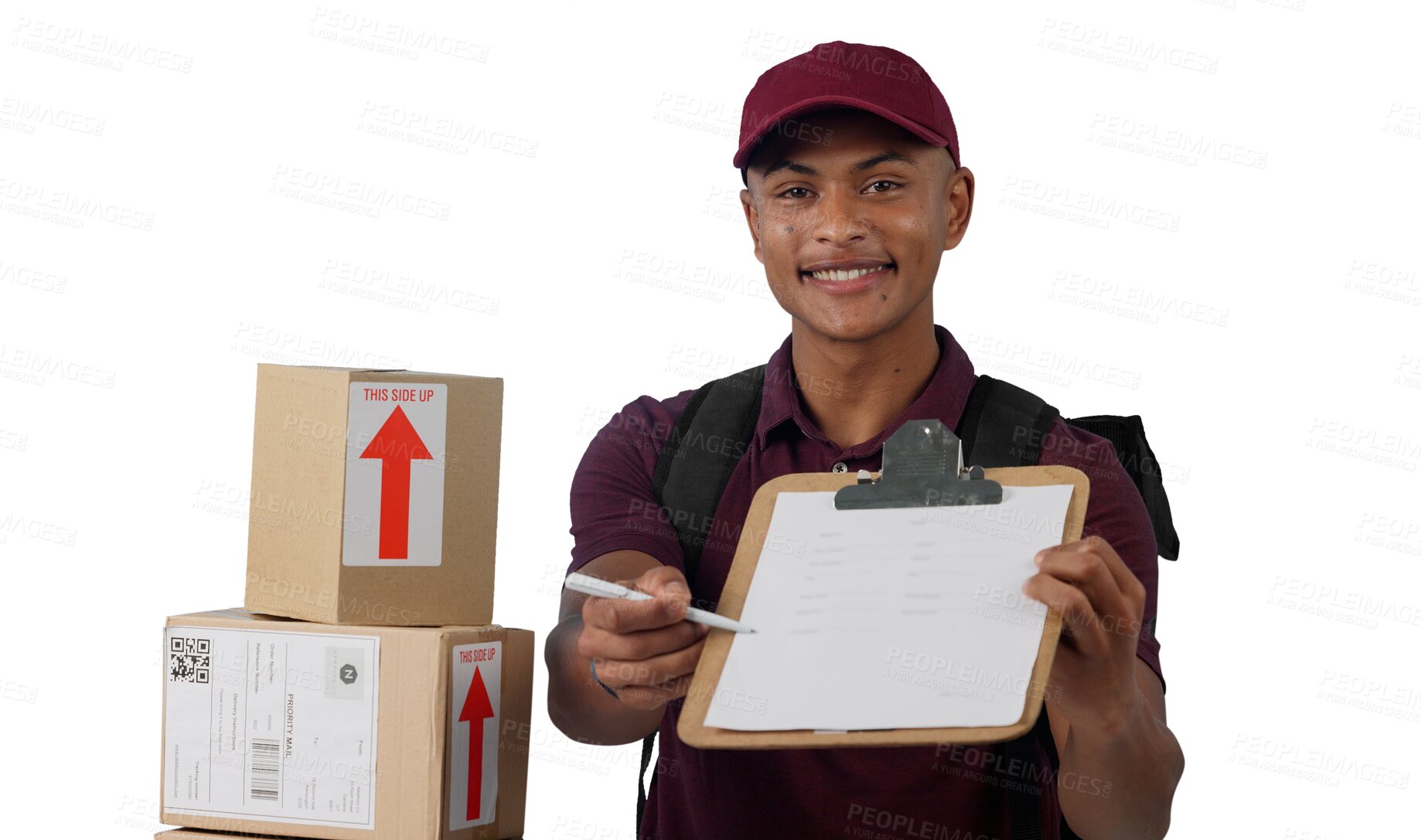 Buy stock photo Delivery man, portrait or sign checklist for courier service with boxes or distribution to dispatch product. Face, logistics worker or signature for package or isolated on transparent png background