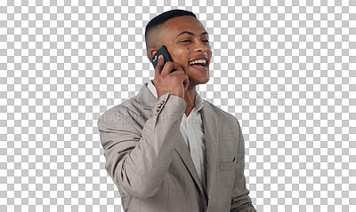 Buy stock photo Young businessman, happy and phone call with communication and consulting for networking. Sales person, laughing and funny joke on cellphone on technology and isolated on transparent png background