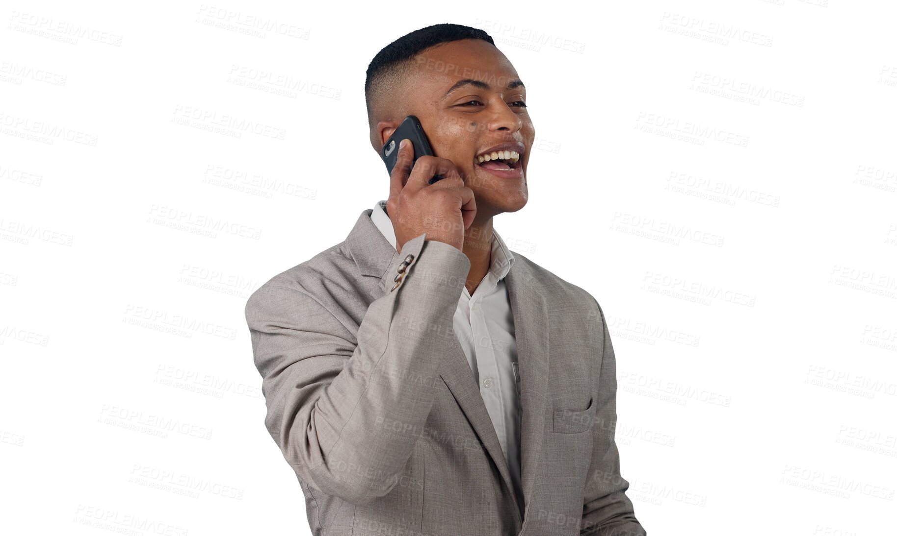 Buy stock photo Young businessman, happy and phone call with communication and consulting for networking. Sales person, laughing and funny joke on cellphone on technology and isolated on transparent png background