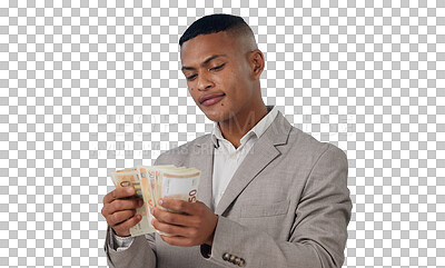 Buy stock photo Business man, cash and money for financial loan, budget and trading in profit or counting his savings. Young male decision and doubt in isolated, transparent and png background for banking and growth