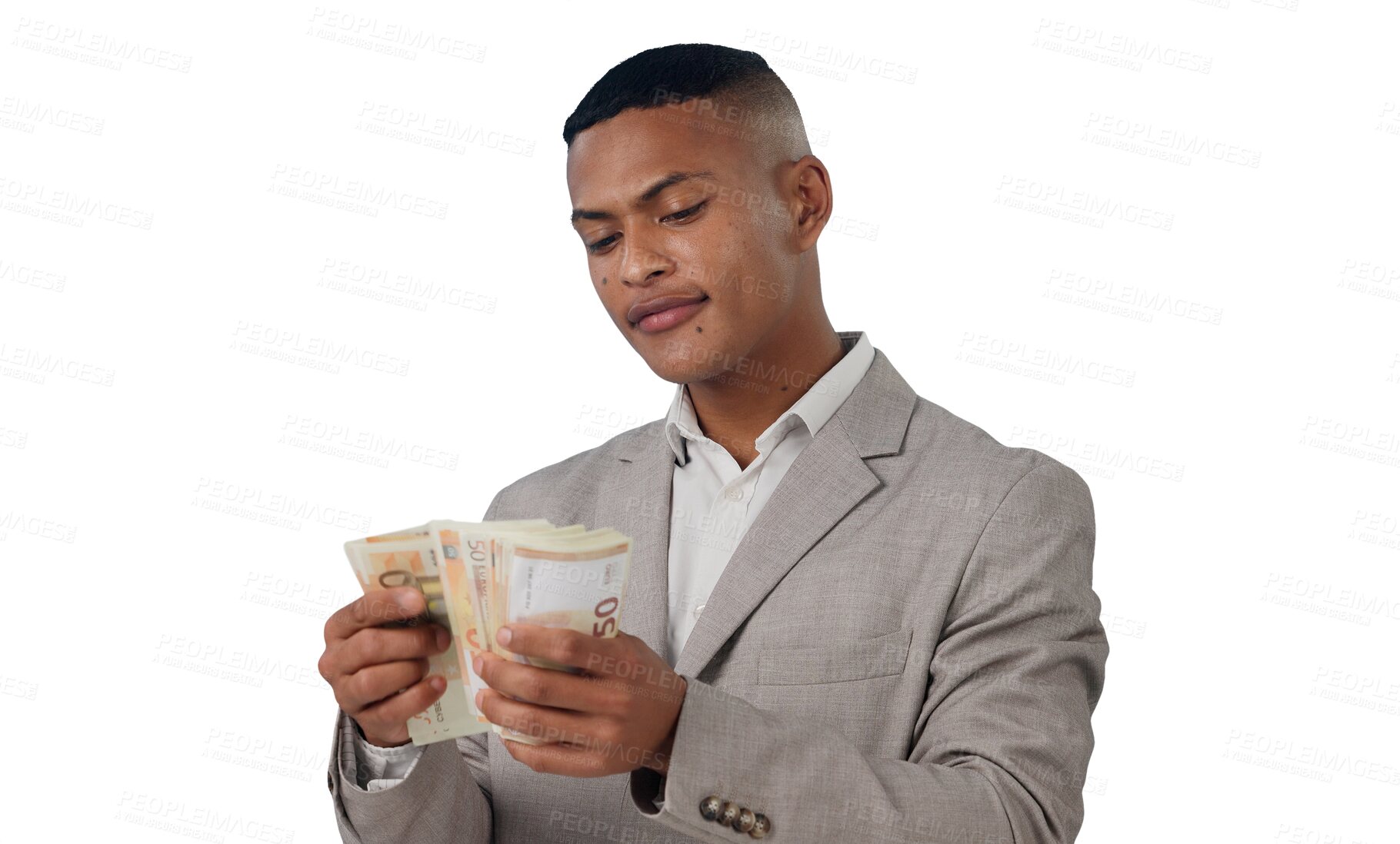 Buy stock photo Business man, cash and money for financial loan, budget and trading in profit or counting his savings. Young male decision and doubt in isolated, transparent and png background for banking and growth