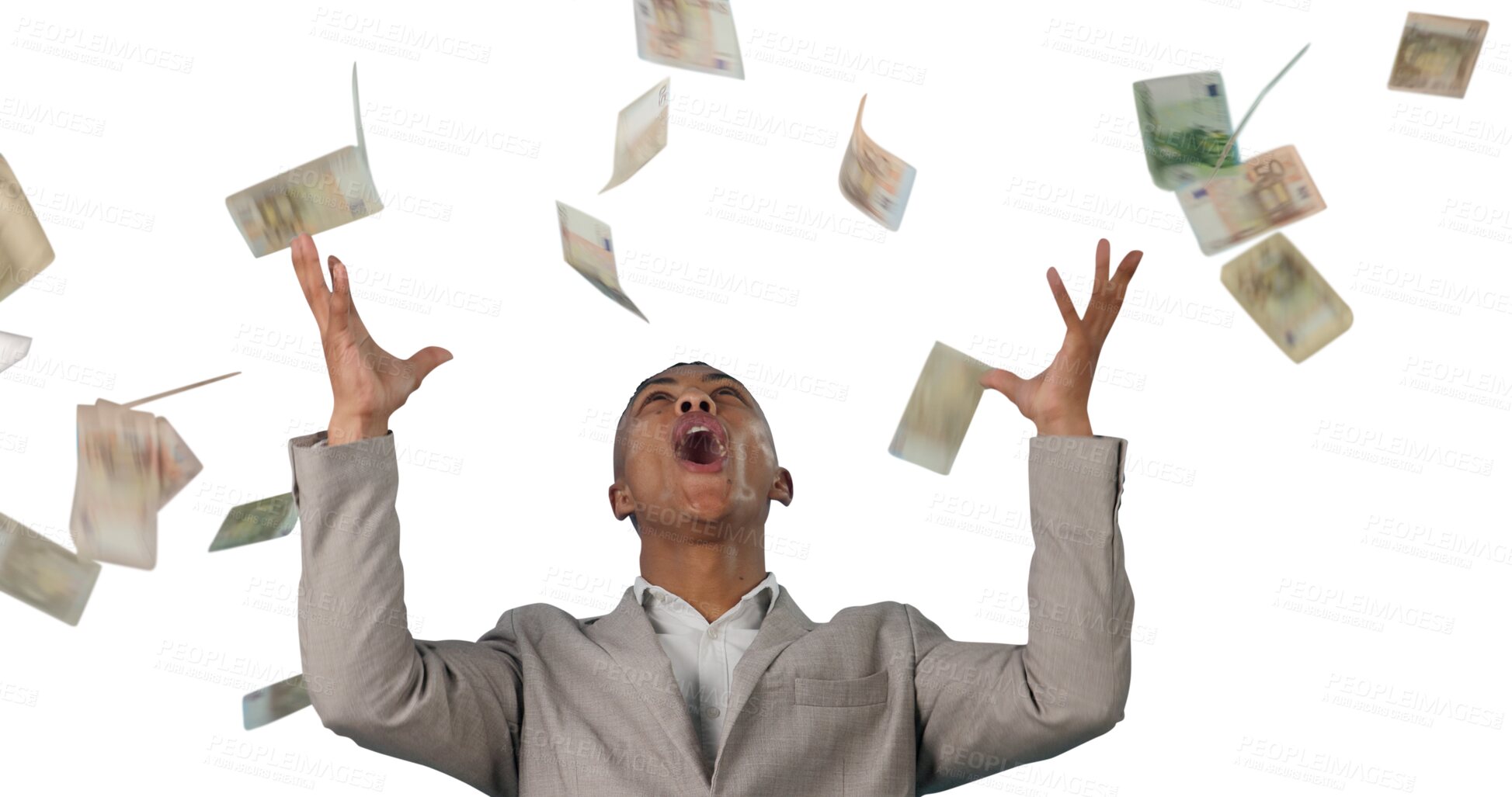 Buy stock photo Money rain, celebration and excited businessman with poker award on isolated, transparent or png background. Cash, splash and male winner with investment, success or startup profit growth or savings