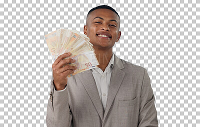 Buy stock photo Business man, winner and money fan in portrait, bonus and win a competition, loan and cashback. Male person, cash and reward for financial savings, paper and isolated on transparent png background