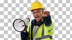 Construction worker, builder or angry man with megaphone in studio for renovation or development. Speaking, pointing or male engineer shouting in building project or communication on blue background