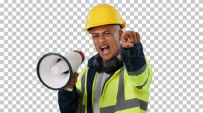 Buy stock photo Construction worker, pointing and portrait of angry man with megaphone for renovation or development. Shouting, speaker and male engineer screaming for project isolated by transparent png background.