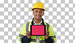 Engineering man, tablet screen and mockup for industrial presentation of renovation, architecture or design in studio. Portrait of construction worker with digital tracking markers on blue background