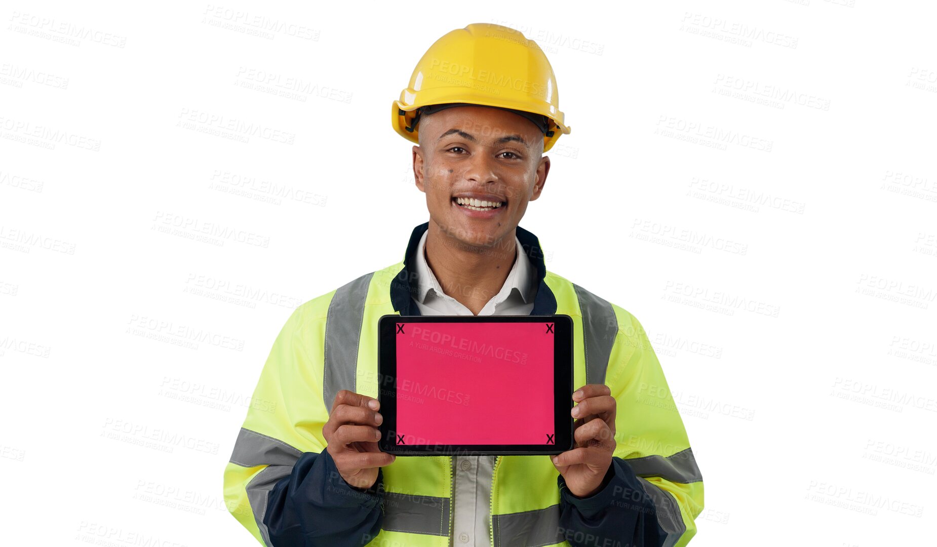 Buy stock photo Engineer, man and showing tablet screen in portrait for mockup, space or promo isolated on a transparent png background. Happy, construction worker or technology for advertising with tracking markers