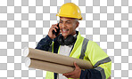 Engineering, man and phone call of construction design planning or project management communication in studio. Builder or worker with mobile chat, blueprint and architecture advice on blue background