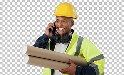Buy stock photo Engineering, planning and man with phone call for construction, communication or blueprint. Building, ideas and chat with smartphone on industrial project on transparent, isolated or png background