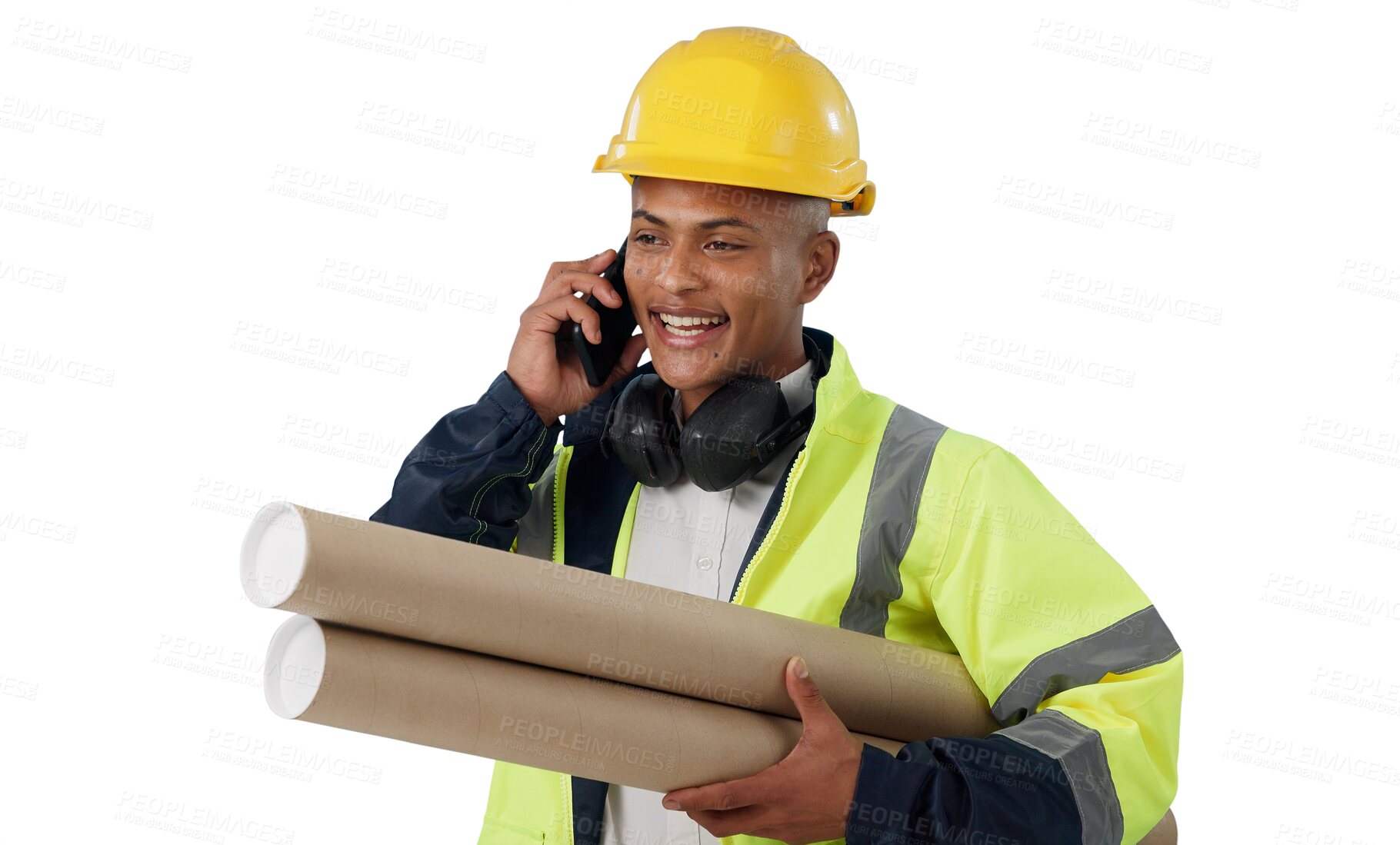 Buy stock photo Engineering, planning and man with phone call for construction, communication or blueprint. Building, ideas and chat with smartphone on industrial project on transparent, isolated or png background