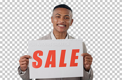 Buy stock photo Business man, portrait and sale poster for advertising, commercial or retail isolated on png transparent background. Banner, sign or billboard for store discount, promotion with annoucement on card