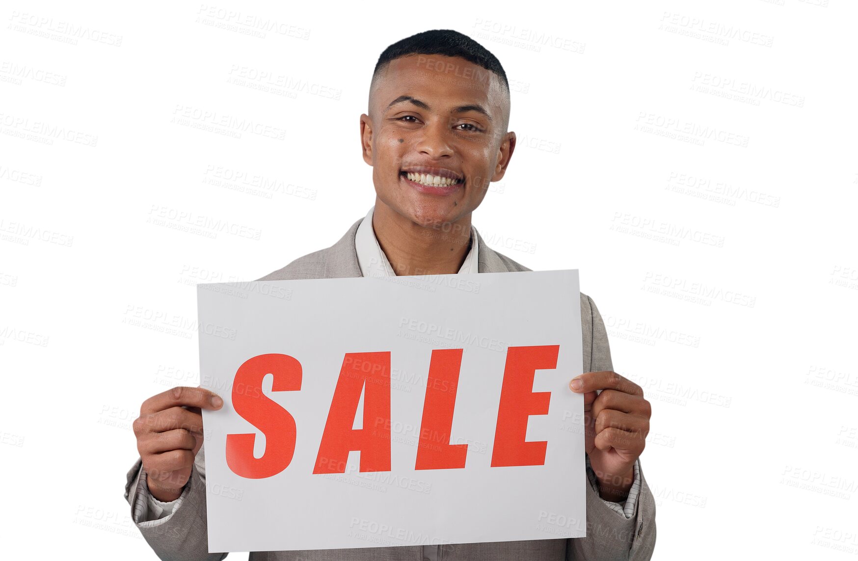 Buy stock photo Business man, portrait and sale poster for advertising, commercial or retail isolated on png transparent background. Banner, sign or billboard for store discount, promotion with annoucement on card