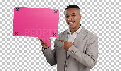 Buy stock photo Business man, pointing at speech bubble and communication in portrait for FAQ on png transparent background. Chat, translation or language with corporate dialogue, tracking markers and social media