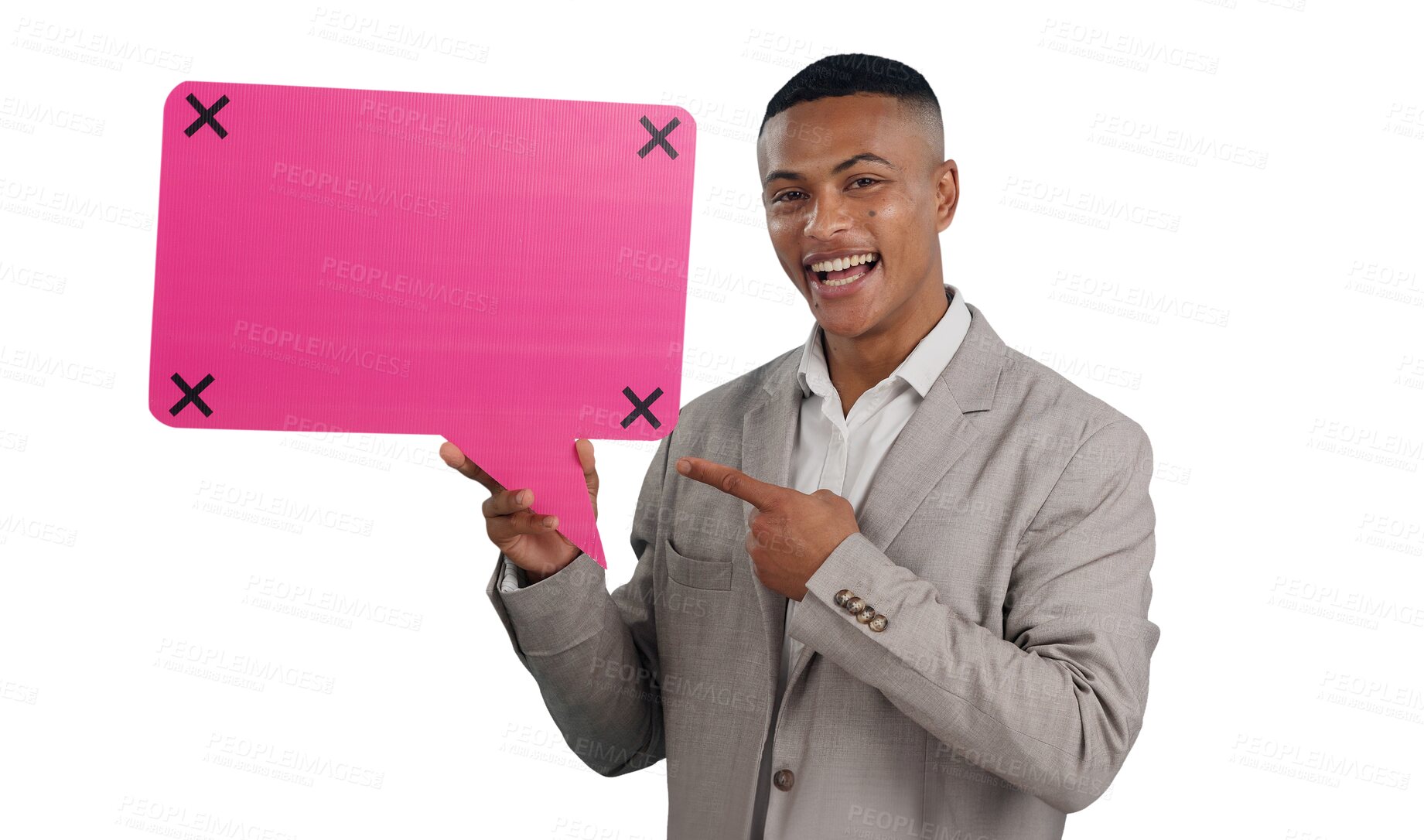 Buy stock photo Business man, pointing at speech bubble and communication in portrait for FAQ on png transparent background. Chat, translation or language with corporate dialogue, tracking markers and social media