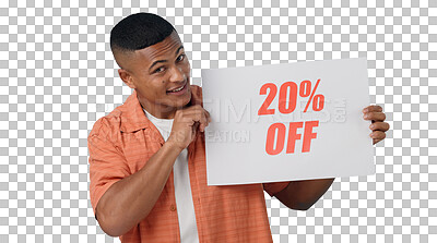 Buy stock photo Man, portrait and poster with sale for discount, announcement and presentation with promotion sign. Cape town model, happy and face with price information and  isolated on transparent png background 