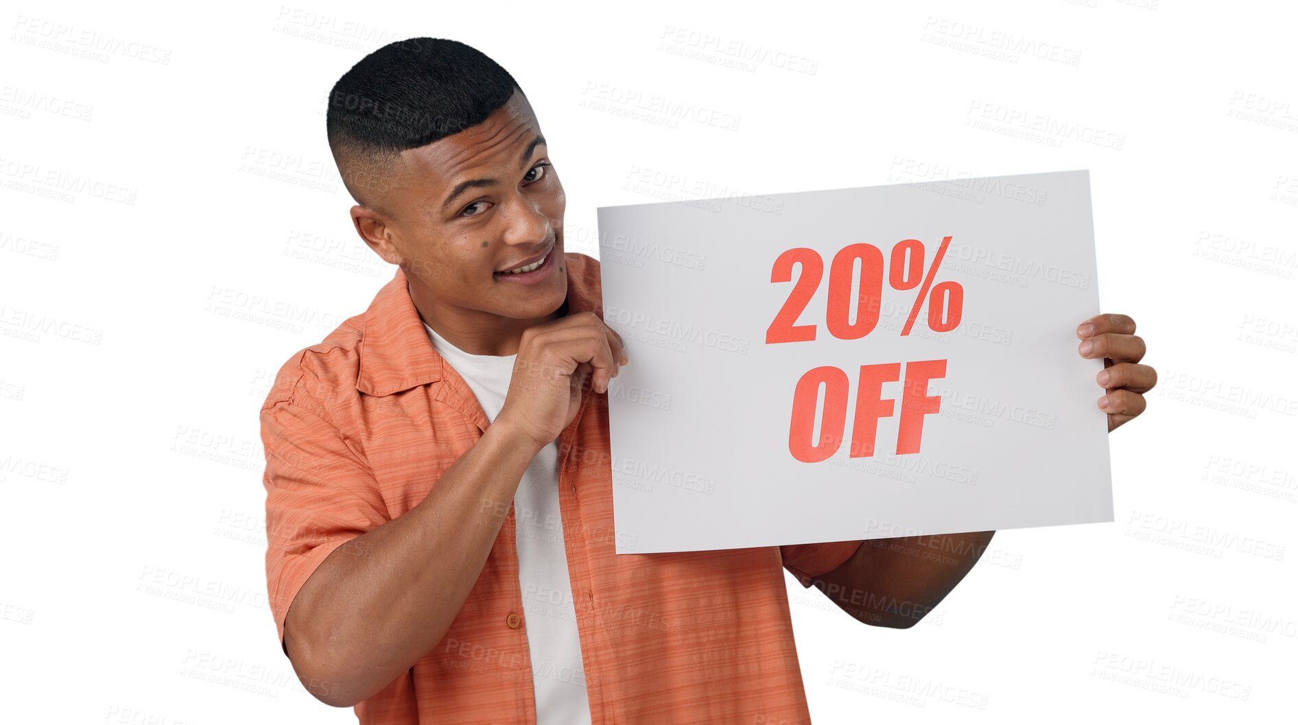 Buy stock photo Man, portrait and poster with sale for discount, announcement and presentation with promotion sign. Cape town model, happy and face with price information and  isolated on transparent png background 