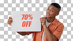 Portrait, happy man and board with sale in studio on blue background for mock up with discount, promo or offer. Cape Town, model or person with poster, notification or announcement for deal in space