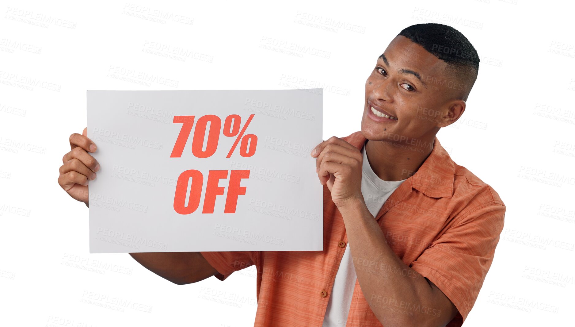 Buy stock photo Man, portrait and poster with promotion for discount, announcement and presentation with sale sign. Cape Town model, happy and face with price information and isolated on transparent png background 