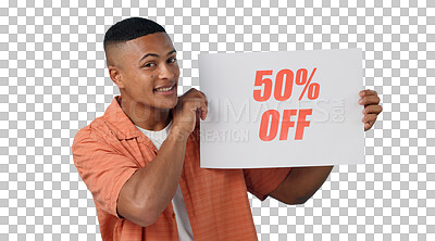 Buy stock photo Happy man, portrait or poster with sale sign or discount, announcement or marketing presentation or promotion. Model, smile and face with banner for price and isolated on transparent png background 