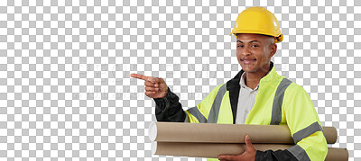 Buy stock photo Man, portrait and construction worker or pointing with blueprint for building recommendation, information or architect. Male person, engineer and isolated transparent png background, plans or project