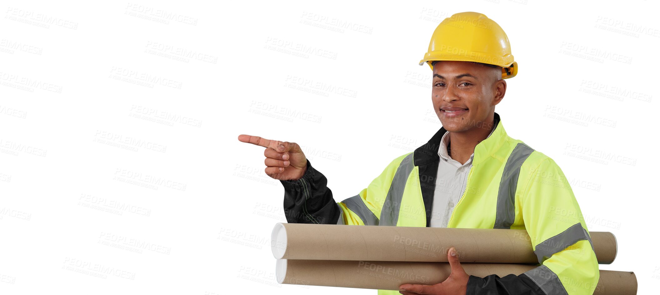 Buy stock photo Man, portrait and construction worker or pointing with blueprint for building recommendation, information or architect. Male person, engineer and isolated transparent png background, plans or project