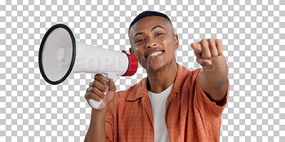 Buy stock photo Man, megaphone and pointing to you for announcement and recruitment on transparent or png background. Protest, speech or isolated college student with call to action on bullhorn or attention at rally