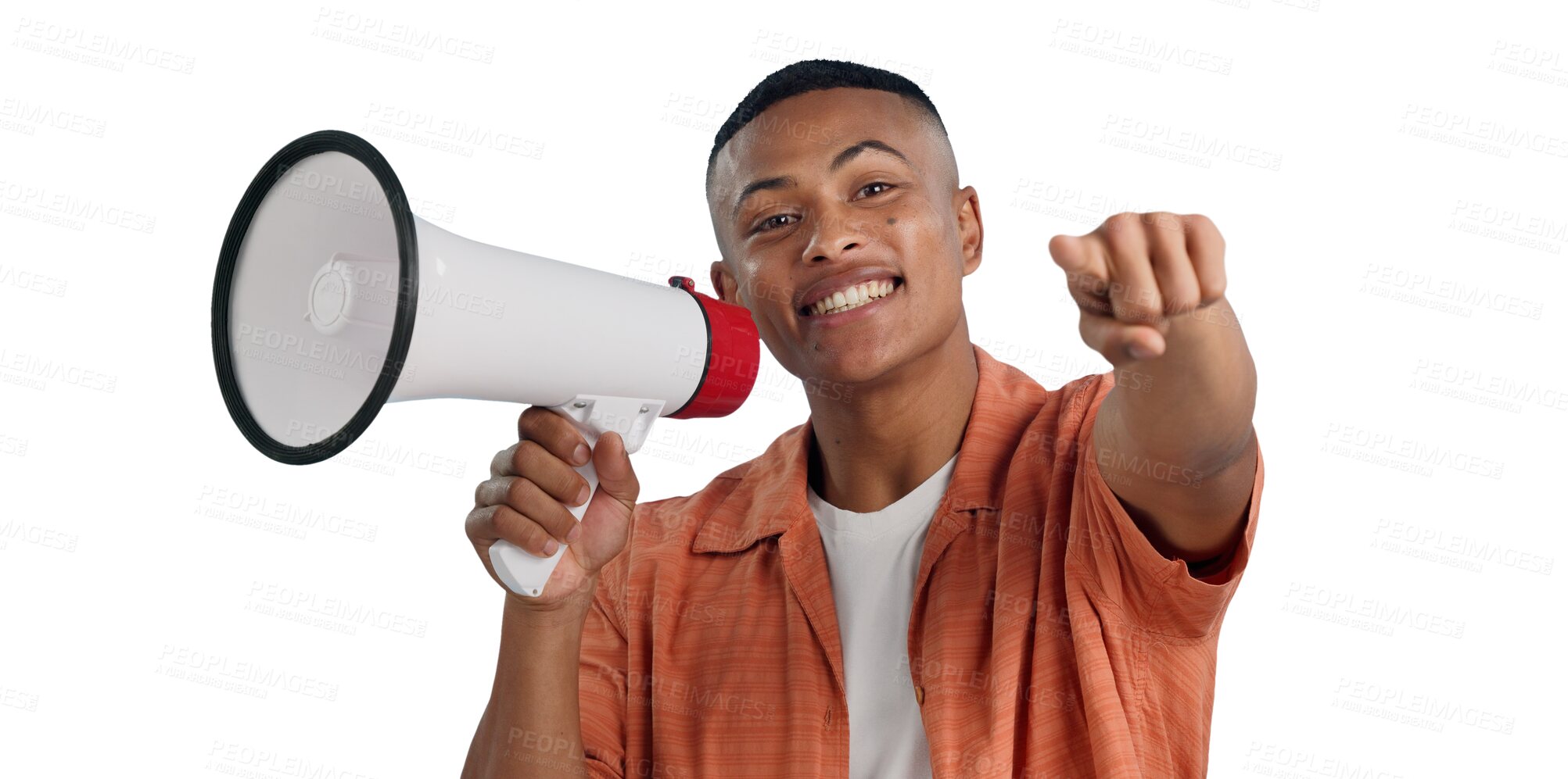 Buy stock photo Man, megaphone and pointing to you for announcement and recruitment on transparent or png background. Protest, speech or isolated college student with call to action on bullhorn or attention at rally