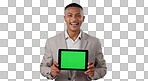 Business man, tablet green screen and advertising for website space, information or trading software in studio. Portrait of trader with digital mockup, space and tracking markers on a blue background