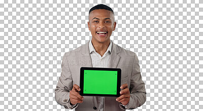 Buy stock photo Businessman, portrait and green screen on tablet for marketing and online advertising for tech. Consultant, face or promotion of touchscreen for connection or isolated on transparent png background