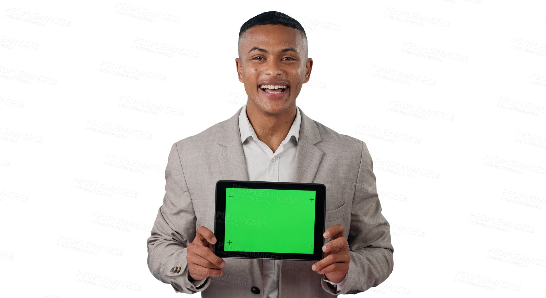 Buy stock photo Businessman, portrait and green screen on tablet for marketing and online advertising for tech. Consultant, face or promotion of touchscreen for connection or isolated on transparent png background