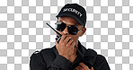 Security, radio and a police officer man on a blue background in studio for surveillance communication. Face, uniform and sunglasses with a young law person speaking on a walkie talkie for patrol