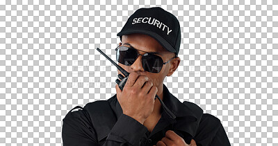 Buy stock photo Man, officer and security with radio for communication or surveillance in legal danger, helping or crime. Male person, uniform and walkie talkie or isolated transparent png background, talk or patrol