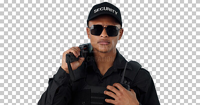 Buy stock photo Man, security guard and surveillance for crime protection or danger prevention, safety or inspection. Male person, uniform and sunglasses or isolated transparent png background, patrol or detective