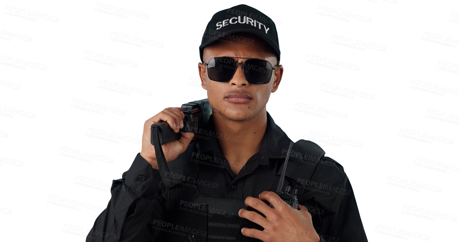 Buy stock photo Man, security guard and surveillance for crime protection or danger prevention, safety or inspection. Male person, uniform and sunglasses or isolated transparent png background, patrol or detective