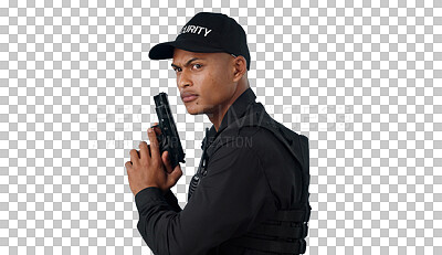 Buy stock photo Young man, security guard and gun for shooting, protection and law with face or confident. Safety, service or weapon for isolated criminal on transparent png background for pistol, crime or police