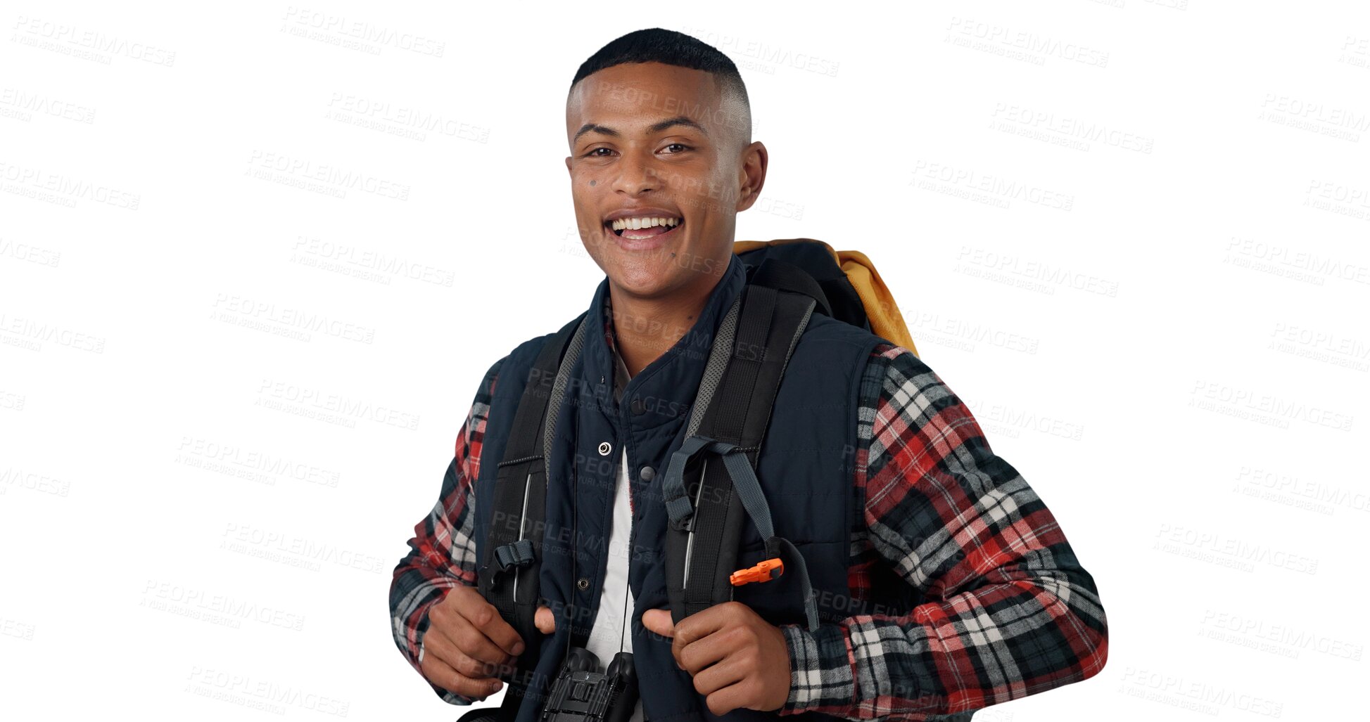 Buy stock photo Man, portrait and backpack or happy for hiking with adventure, holiday and travel for sightseeing. Young person, face or tourist for journey, discover and trip isolated on png transparent background
