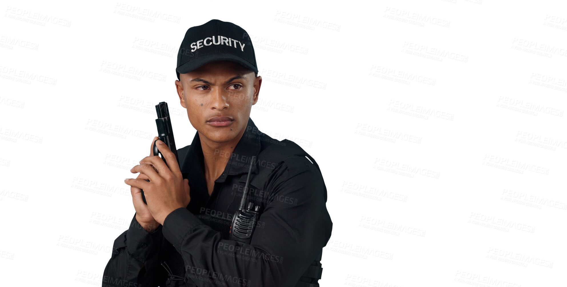 Buy stock photo Man, security guard and gun for crime prevention or safety protection for danger investigation, justice or surveillance. Male person, weapon and isolated transparent png background, backup or law