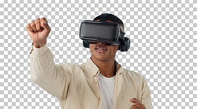 Buy stock photo Virtual reality, punch or headset for man with future technology or play on wrestling game in 3D. Hologram, gamer or metaverse in digital world or high tech for isolated on transparent png background