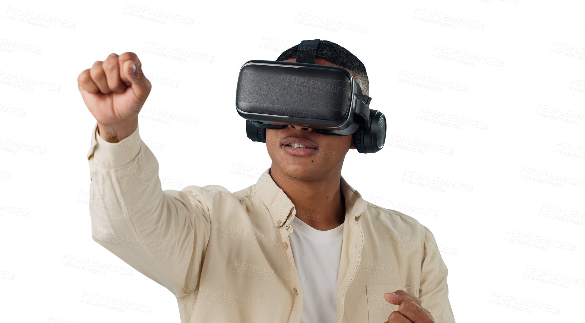 Buy stock photo Virtual reality, punch or headset for man with future technology or play on wrestling game in 3D. Hologram, gamer or metaverse in digital world or high tech for isolated on transparent png background