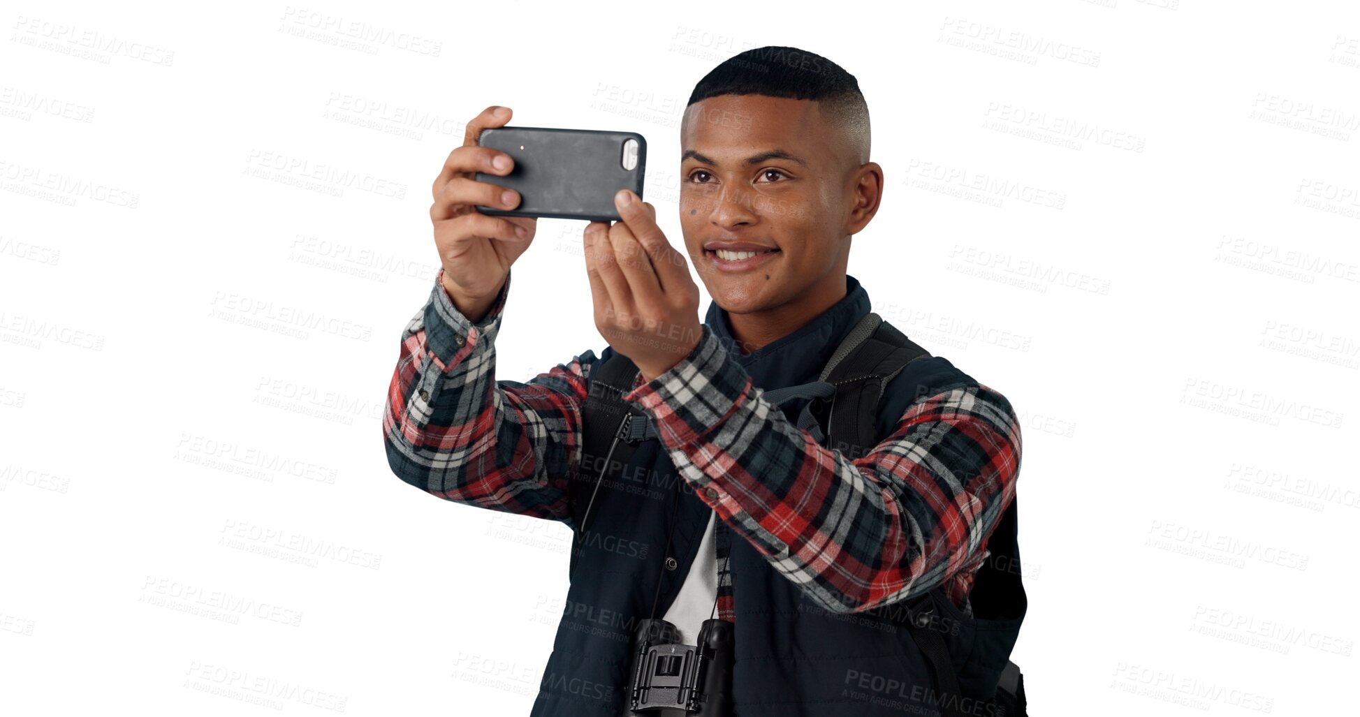 Buy stock photo Hiking, cellphone and man with photography on travel for social media, mobile app or internet. Tourism, phone and young male person with picture for trekking isolated by transparent png background.