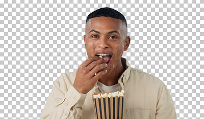 Buy stock photo Happy man, portrait and popcorn for movies or cinema, eating and hungry with snack for entertainment on weekend. Guy, face and excited with junk food for tv and isolated on transparent png background